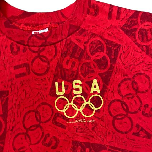1990s USA Olympics Allover Print Graphics T Shirt Novelty / Men’s M/L - Picture 1 of 5
